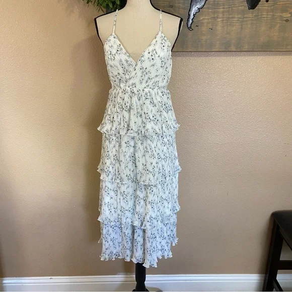 NWOT Lulus Petal Party White Floral Print Plisse Surplice Midi Dress - Picture 3 of 14